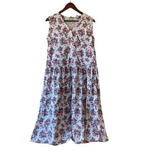NWT Womens Floral Midi Dress White Pink V-Neck Sleeveless Large cottagcore